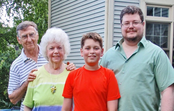 Here he is with his family from left, Tom, wife Betty, grandson Odin and son Marc